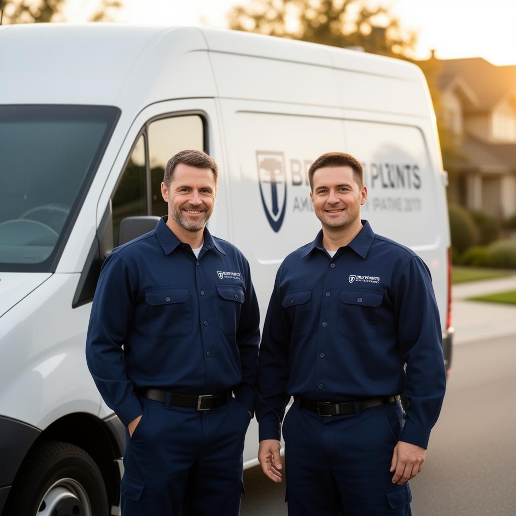 BathMan Plumbing team standing in front of service van